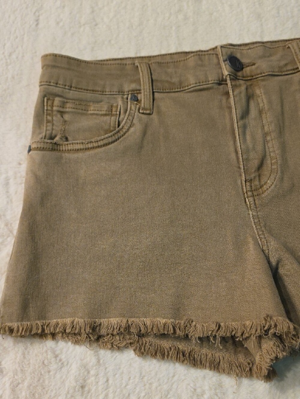 Kut from the Kloth Olive-Tan Frayed Hem Denim Shorts - Picture 9 of 14